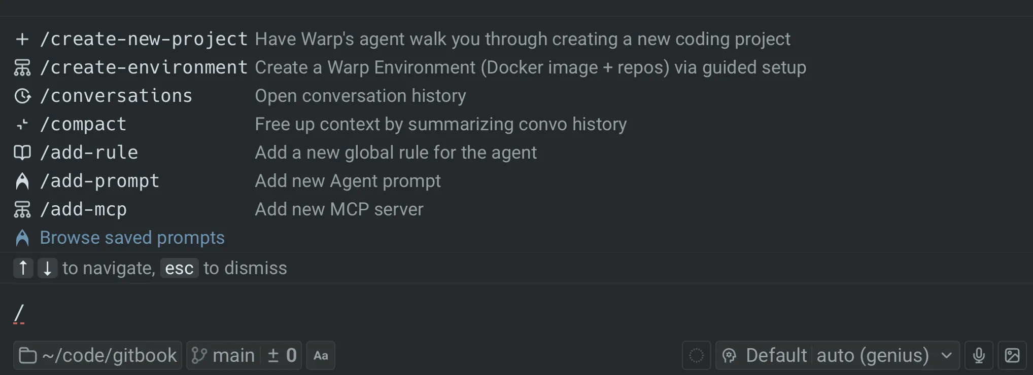Slash command menu open inside an agent conversation, showing the full set of commands.